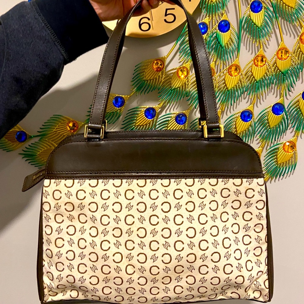 Celine White C Macadam Canvas Handbag